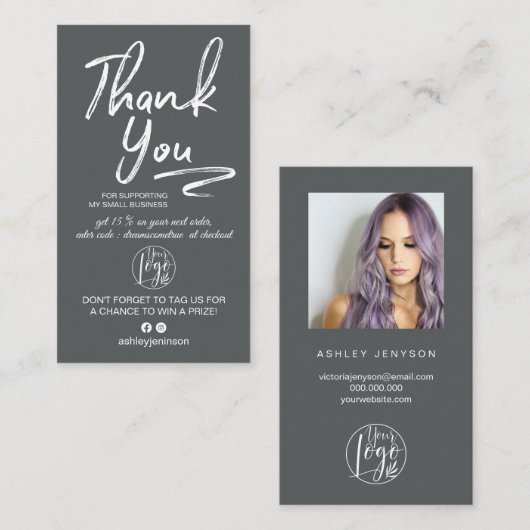 Grijs geborsteld script foto logo orde dank u visitekaartje (Voorkant / Achterkant)
