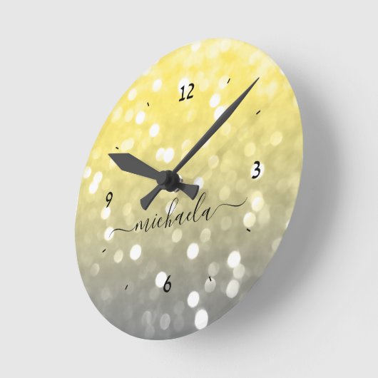 Grijs geel sprankelend bokeh Aangepaste naam Ronde Klok (Hoek)