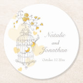 Grijs, geel & wit vogelkooi bruiloft onderzetters (Voorkant)