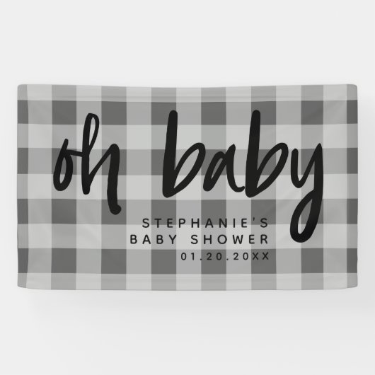 Grijs Gingham Modern Baby shower Spandoek (Horizontaal)