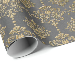 Grijs Goud Bloemen Grungy Cottage Damask Sepia Roy Cadeaupapier