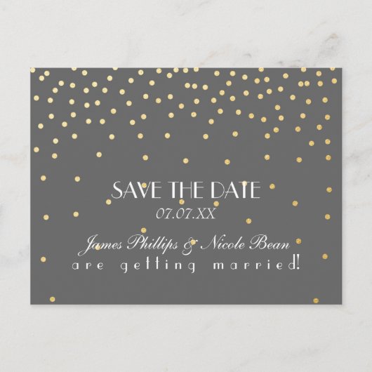 Grijs & Goud Folie Stippen Save The Date Postkaart Aankondigingskaart (Voorkant)