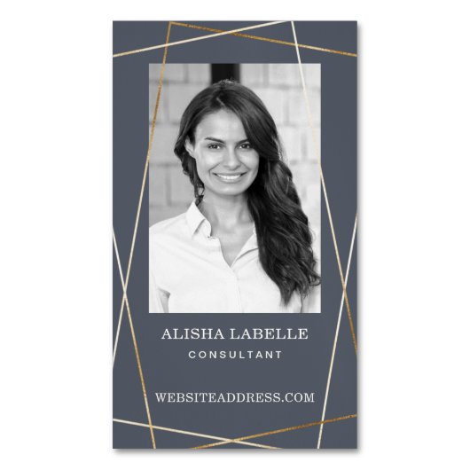 Grijs & Goud Geometrische foto lay-out & Monogram Magnetisch Visitekaartje (Voorkant Verticaal)