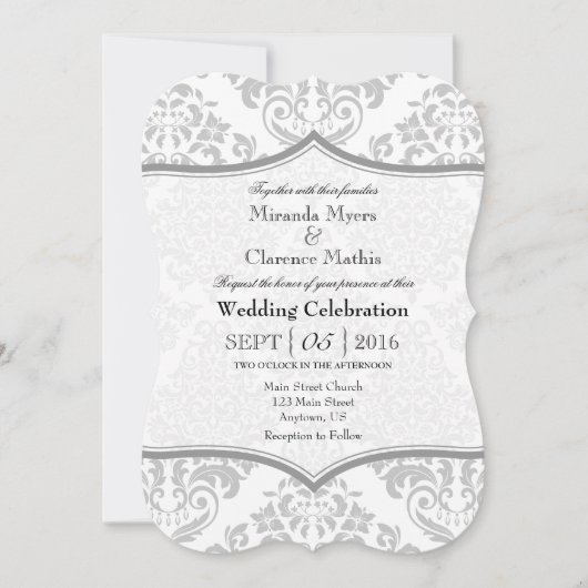Grijs Grijs Wit Damast Bracket Bruiloft Uitnodigen Kaart (Voorkant)