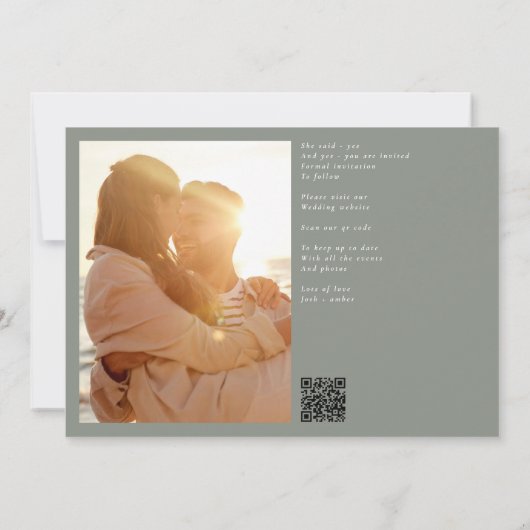 Grijs Groen Klassieke QR Code Twee Foto Save The Date (Achterkant)