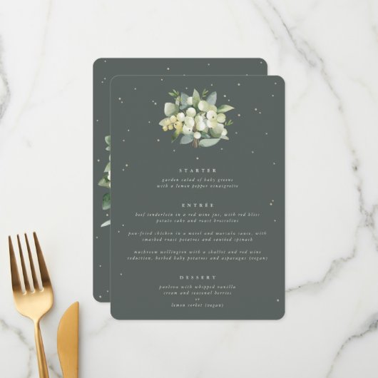 Grijs Groen Snowberry+Eucalyptus 3 Cursus Bruiloft Menu (Voorkant / Achterkant in situ)