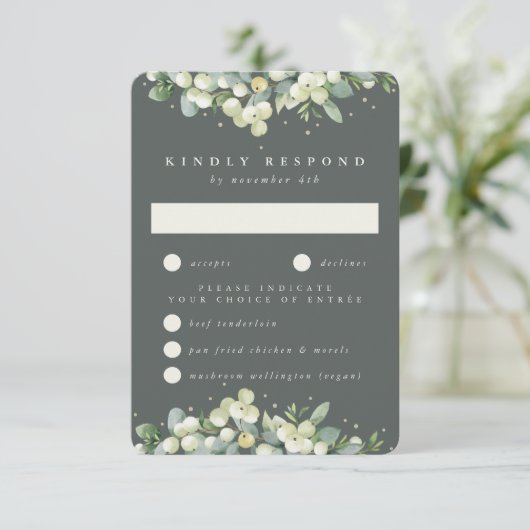 Grijs Groen Snowberry+Eucalyptus Rand Bruiloft RSVP Kaartje (Staand voorkant)
