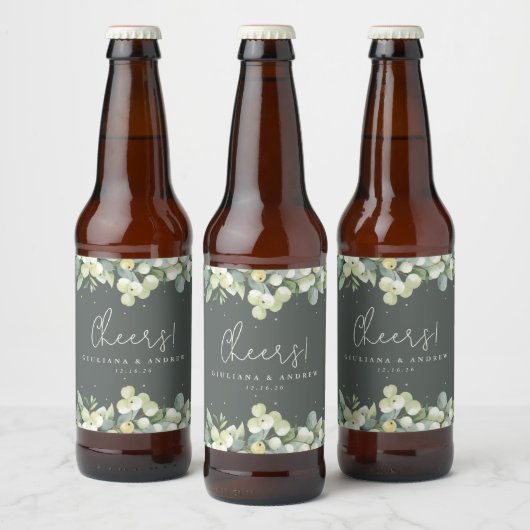 Grijs-Groen Snowberry+Eucalyptus Winter Bruiloft Bier Etiket (Flessen)