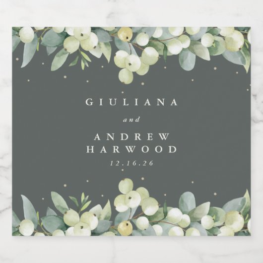 Grijs Groen Snowberry+Eucalyptus Winter Bruiloft Likeurfles Etiket (Enkel label)