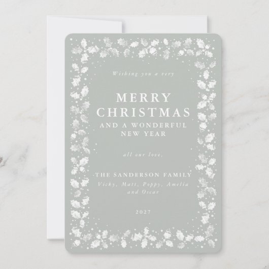 Grijs-groene handgedrukte hulst feestdagenkaart (Voorkant)