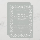 Grijs-groene handgedrukte hulst feestdagenkaart (Voorkant / Achterkant)