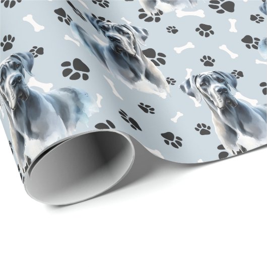 Grijs Grote Deen Hond Portret Paw Print Patroon Cadeaupapier (Rol Hoek)