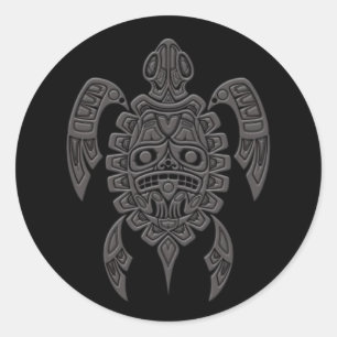 Grijs Haida Spirit Zee Schildpad op Zwart Ronde Sticker