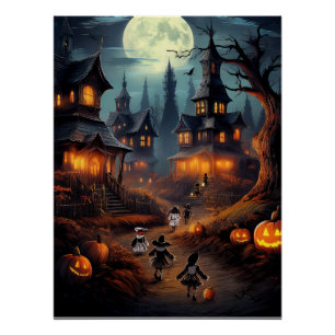 Grijs Halloween-dorp met trick-or-treaters Perfect Poster