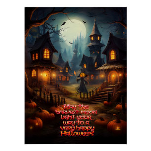 Grijs Halloween-dorp met vogelverschrikker Perfect Poster