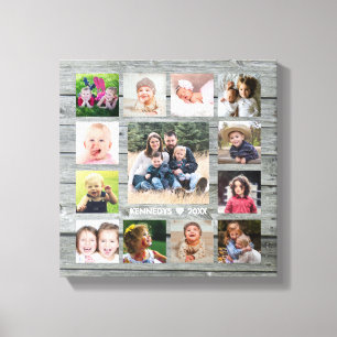 Grijs Hout 13 Fotocollage Familienaam Keepsake Canvas Afdruk