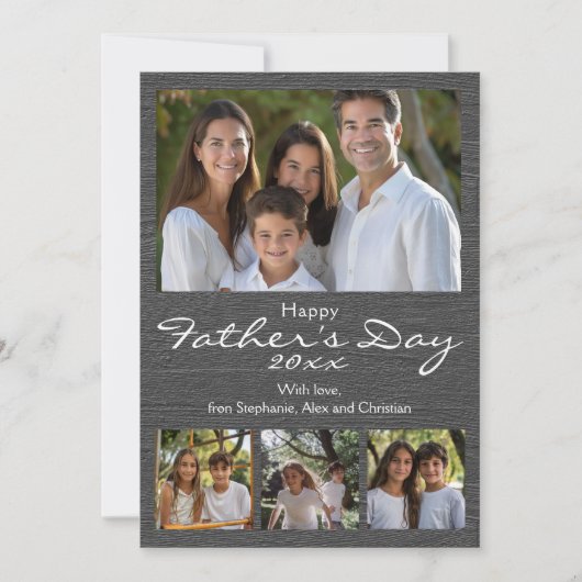 Grijs houtnerf modern vaderdag met 4 foto's kaart (Voorkant)
