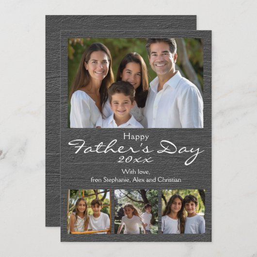Grijs houtnerf modern vaderdag met 4 foto's kaart (Voorkant / Achterkant)