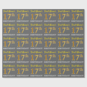 Grijs, Imitatie Goud look "17e VERJAARDAG" Cadeaupapier