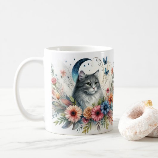 grijs kattenportret met bloemen Mok (Met donut)