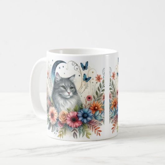  grijs kattenportret met bloemen Mok (Voorkant links)