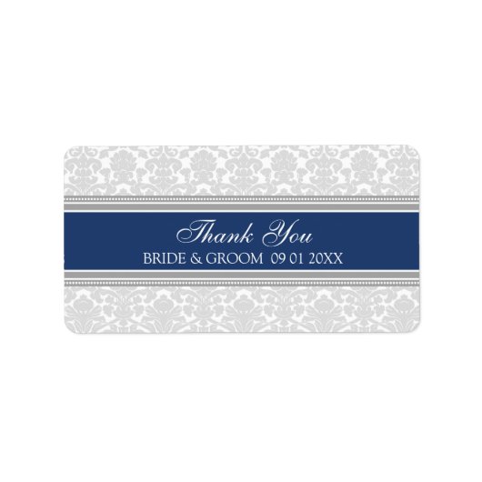 Grijs Marine Blauw Damast Bruiloft Labels (Voorkant)