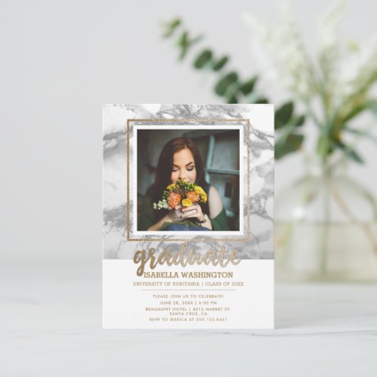 Grijs Marmer & Goud Glitter Script Foto Afstuderen Uitnodiging Briefkaart (Staand voorkant)