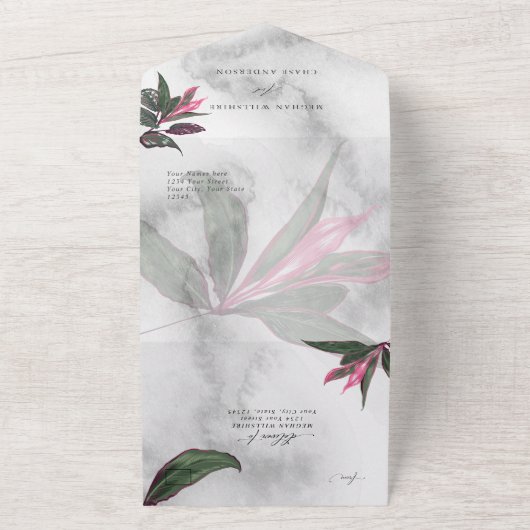Grijs Marmer Tropisch Roze Philodendron All In One Uitnodiging (Buitenkant)