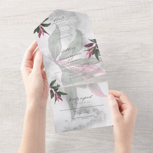 Grijs Marmer Tropisch Roze Philodendron All In One Uitnodiging (Afscheurbaar)