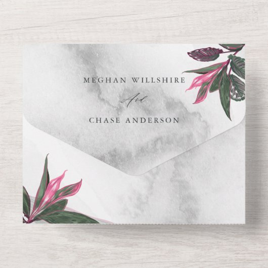 Grijs Marmer Tropisch Roze Philodendron All In One Uitnodiging (Achterkant)