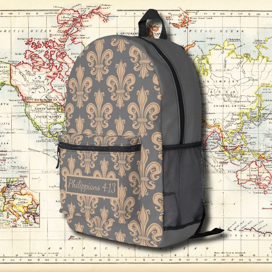 Grijs medaillon  patroon met bijbelvers bedrukte rugzak