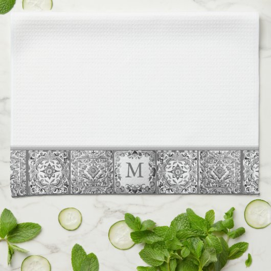 Grijs Mediterraan Tegel Persoonlijk Custom Monogra Theedoek (Gevouwen)