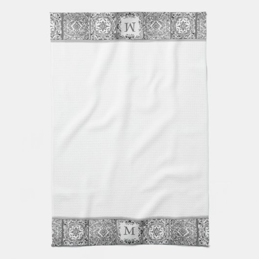 Grijs Mediterraan Tegel Persoonlijk Custom Monogra Theedoek (Verticaal)