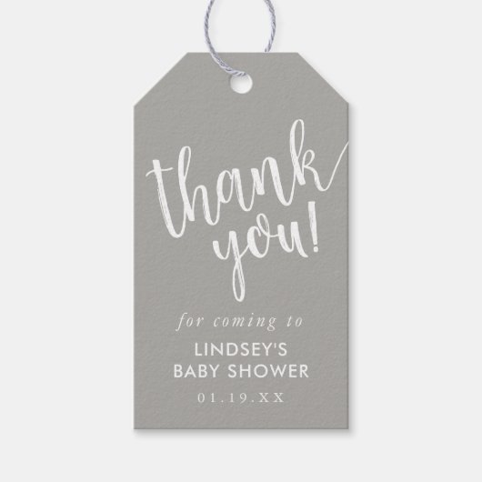 Grijs met de hand beletterd Baby shower dank u voo Cadeaulabel (Voorkant)