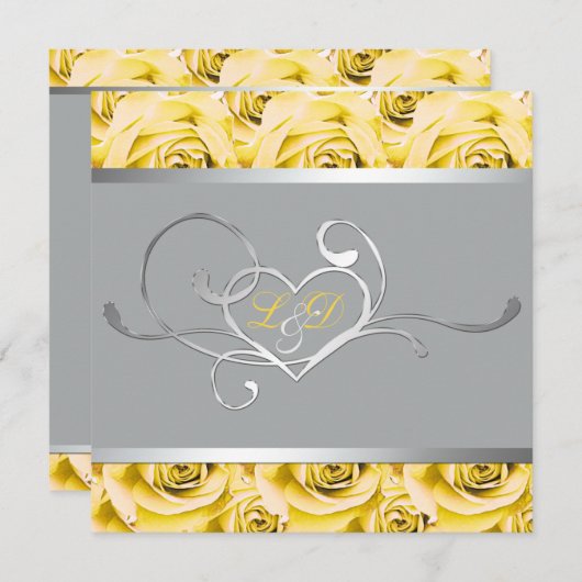 Grijs met Gele Rozen Monogrammed Uitnodiging (Voorkant / Achterkant)