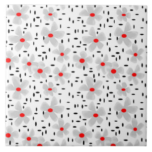 grijs met rode bloemen op witte achtergrond retro tegeltje
