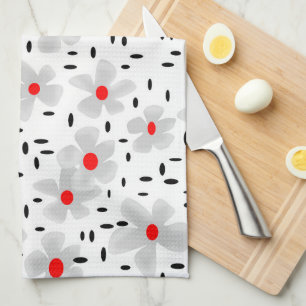 Grijs met rode bloemen op witte achtergrond retro theedoek
