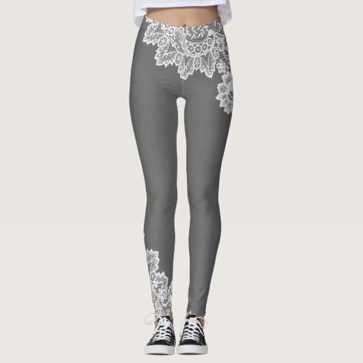 Grijs met wit Lace-accent Leggings (Voorkant)