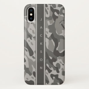 Grijs militair camouflagepatroon met naam iPhone x hoesje