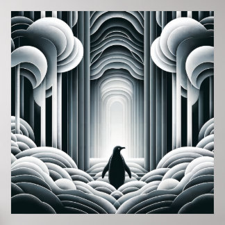 Grijs Monochromatische Lovey Baby Penguin Art Deco Poster