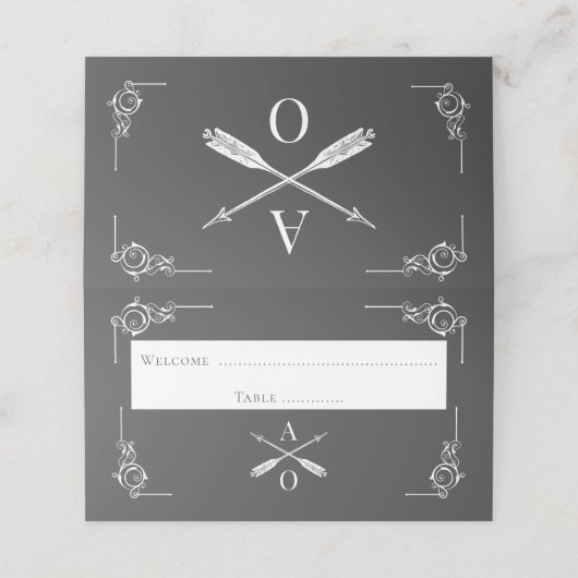 Grijs Monogram en Pijlen Receptie Plaats Kaart (Buitenkant ongevouwen)