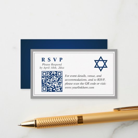 Grijs Navy Blue Bar Mitswa QR Code RSVP Budget Informatiekaartje (Voorkant / Achterkant in situ)