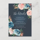 Grijs, Navy Blue en Blush Bloemen Boho Glitter Informatiekaartje (Voorkant)