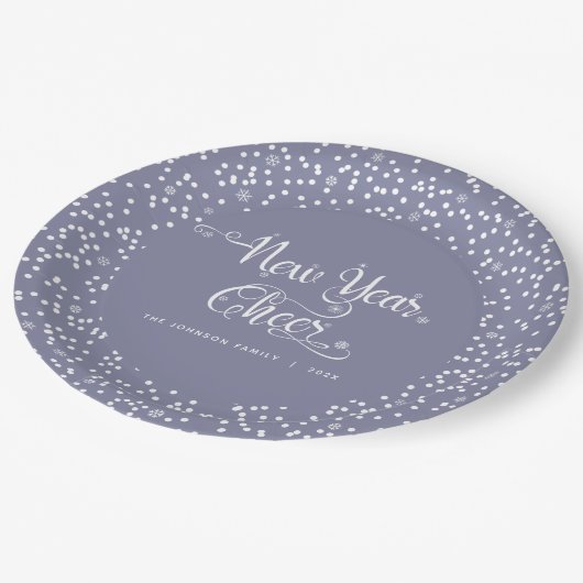 Grijs Nieuwjaar Cheer White Snowflakes Script Cust Papieren Bordje (Gekanteld)