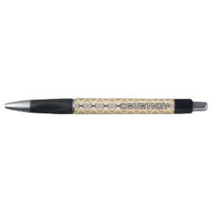 Grijs Oker Mosterd Geel Ivoor Ogee Golfpatroon Pen