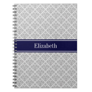 Grijs op grijze Damask #3 Navy Blue Name Monogram Notitieboek