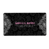 Grijs Ornament en zwart Floral Damask Patroon Etiket (Voorkant)