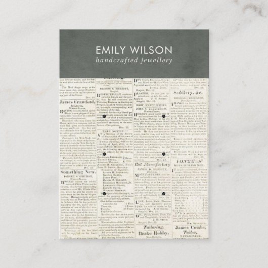  GRIJS OUDE NEWSPAPER 3 STUD EARRING DISPLAY  VISITEKAARTJE (Voorkant)