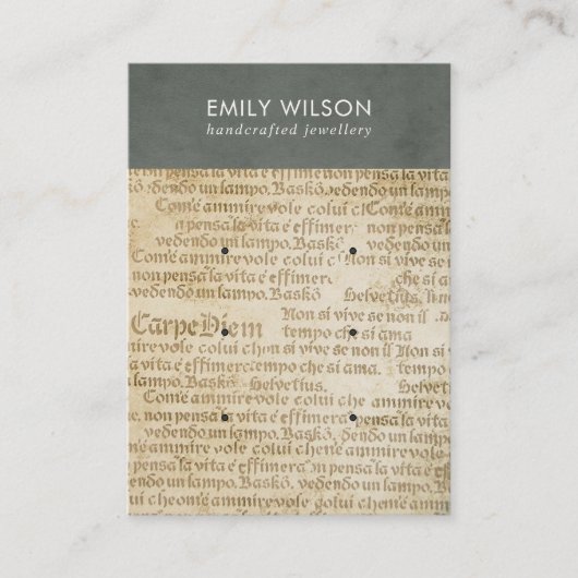  GRIJS OUDE NEWSPAPER 3 STUD EARRING DISPLAY  VISITEKAARTJE (Voorkant)