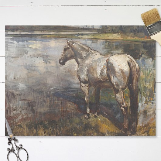 Grijs Paard met uitzicht op rivier schilderij Deco Tissuepapier